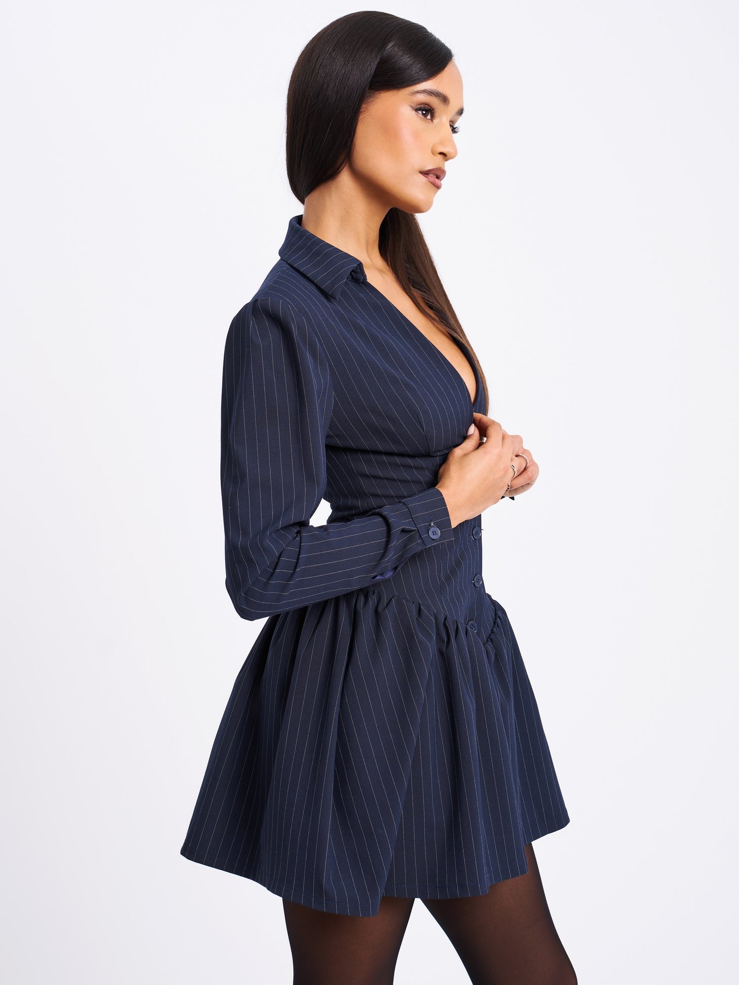Xabrina Pinstripe Long Sleeve Shirt Mini Dress | Navy Blue