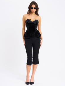 Qiara Velvet Peplum Top with Lace Trim | Black