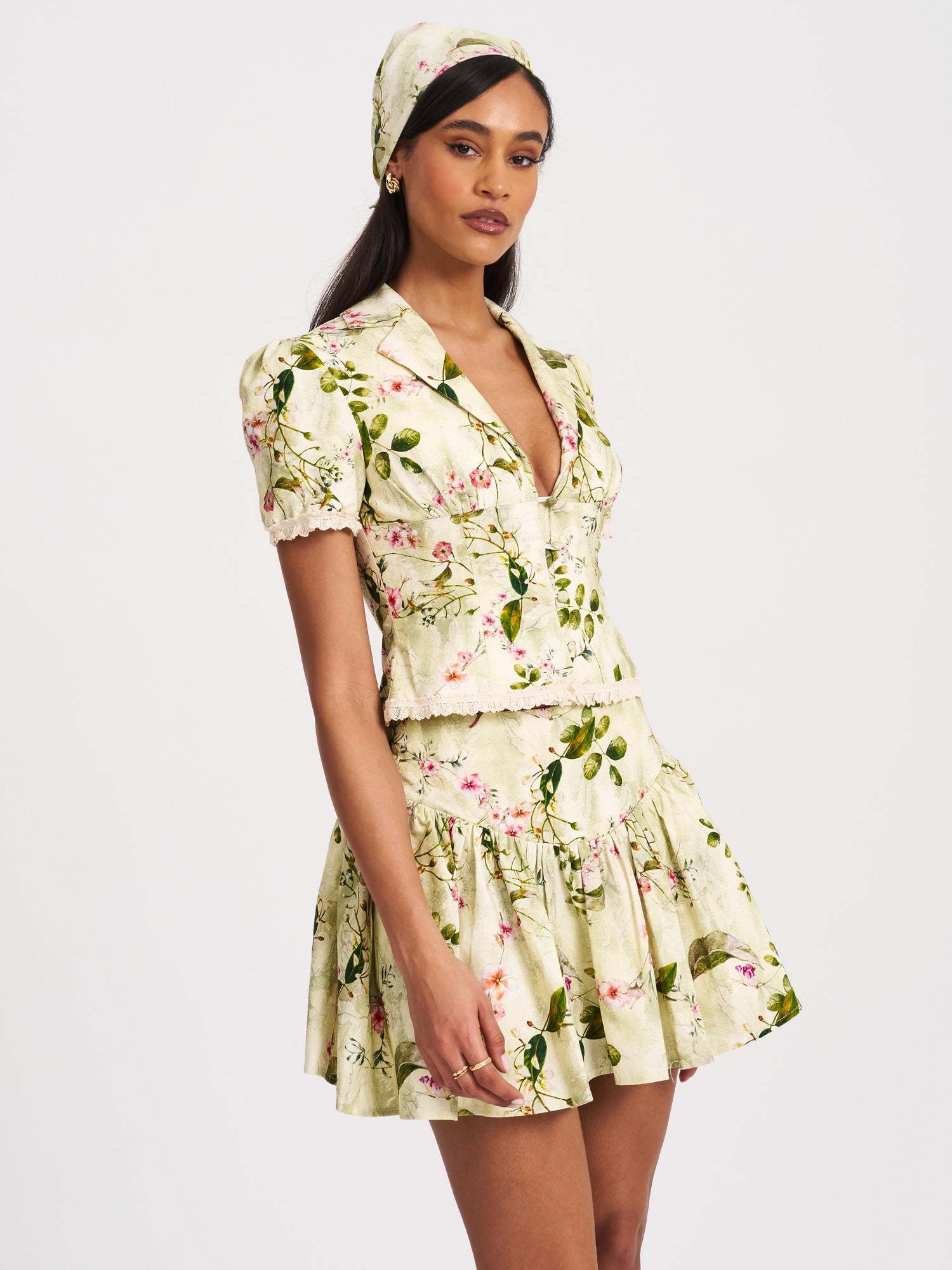 Zanella Floral Print Lace Trim Linen Top | Green