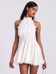 Idalia Beaded Lace Trim Backless Halter Mini Dress | Pearl White