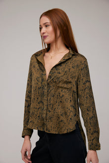 Long Sleeve Rounded Hem Button Down | Olive Snake Print