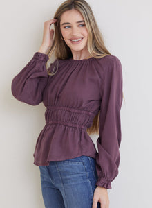 Long Sleeve Elastic Shirred Top - Huckleberry