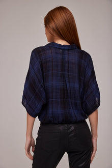 Flowy Tie Waist Shirt - Admiral Blue Plaid