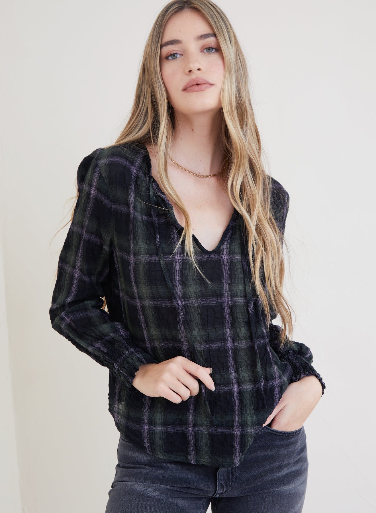 Plaid V-Neck Top- Garden Plaid