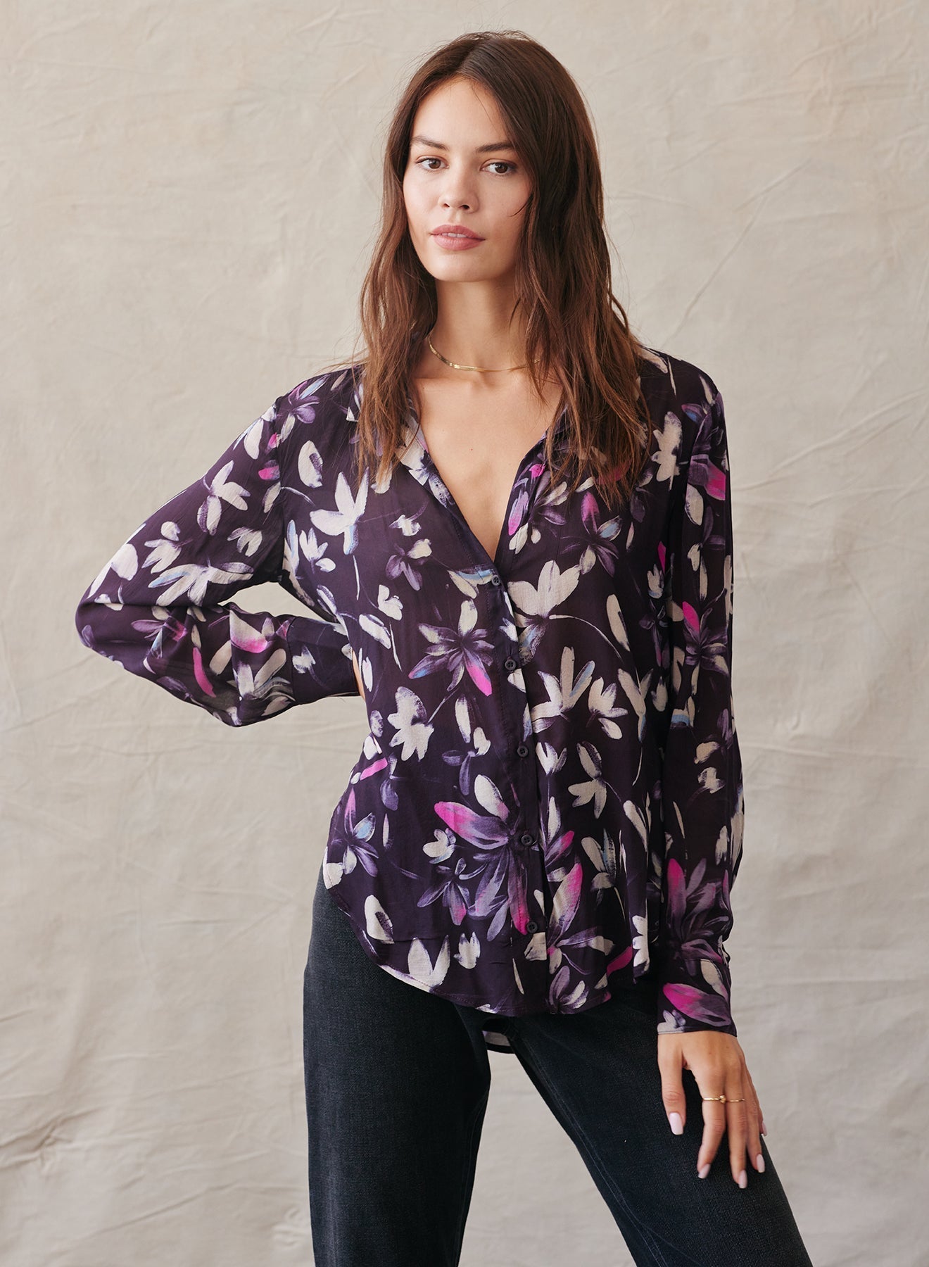 Long Sleeve Clean Shirt | Floral Plum Print