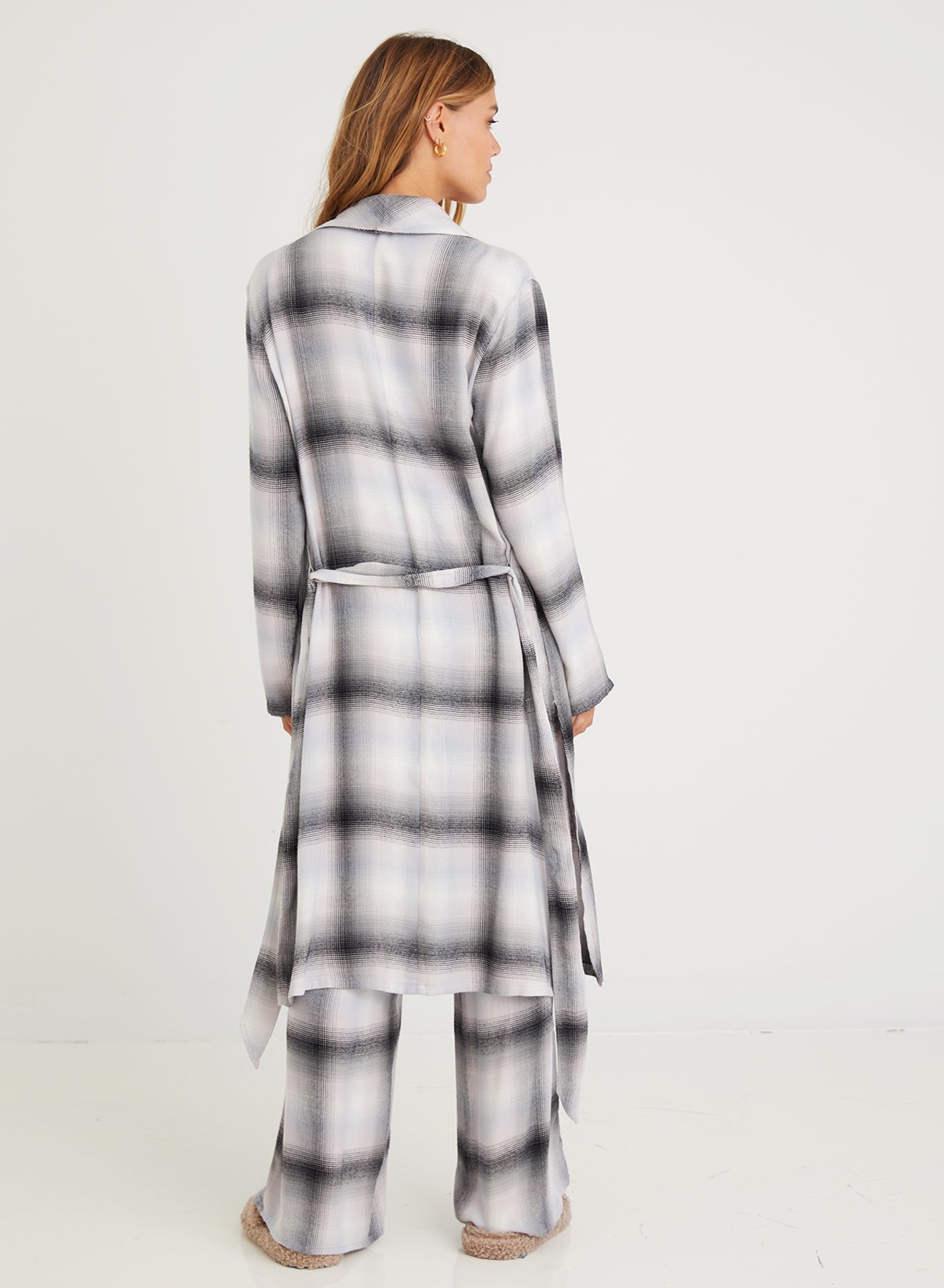 Long Sleeve Shawl Collar Robe - Lilac Ombre Plaid*** Product Type