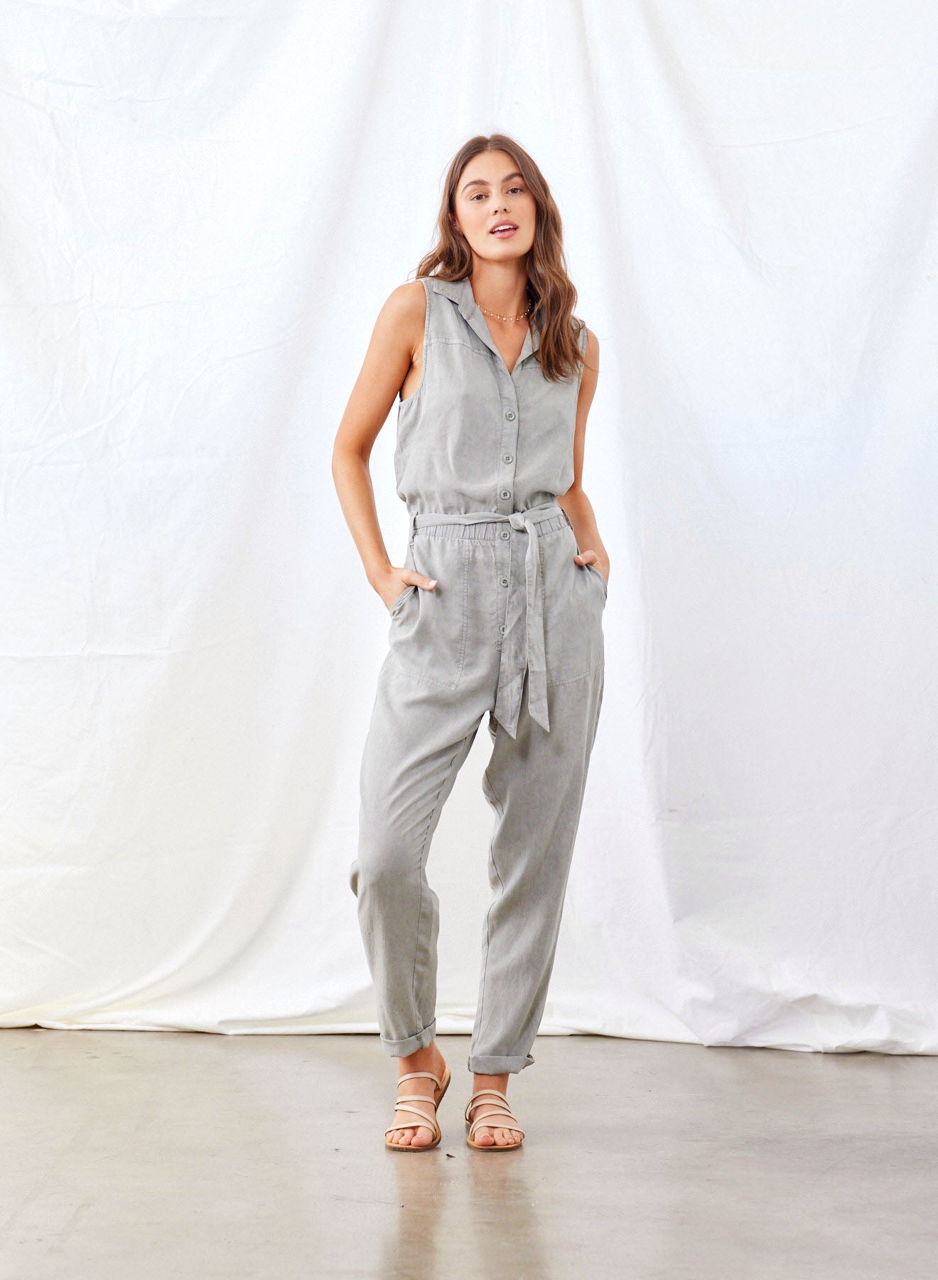 Sleeveless Belted Jumpsuit | Foggy Sky