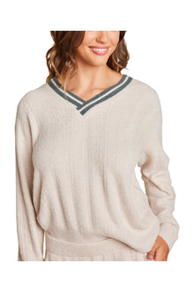 Womens | Cozychic Lite V Neck Pointelle Pullover | Sand Dune/Deep Juniper