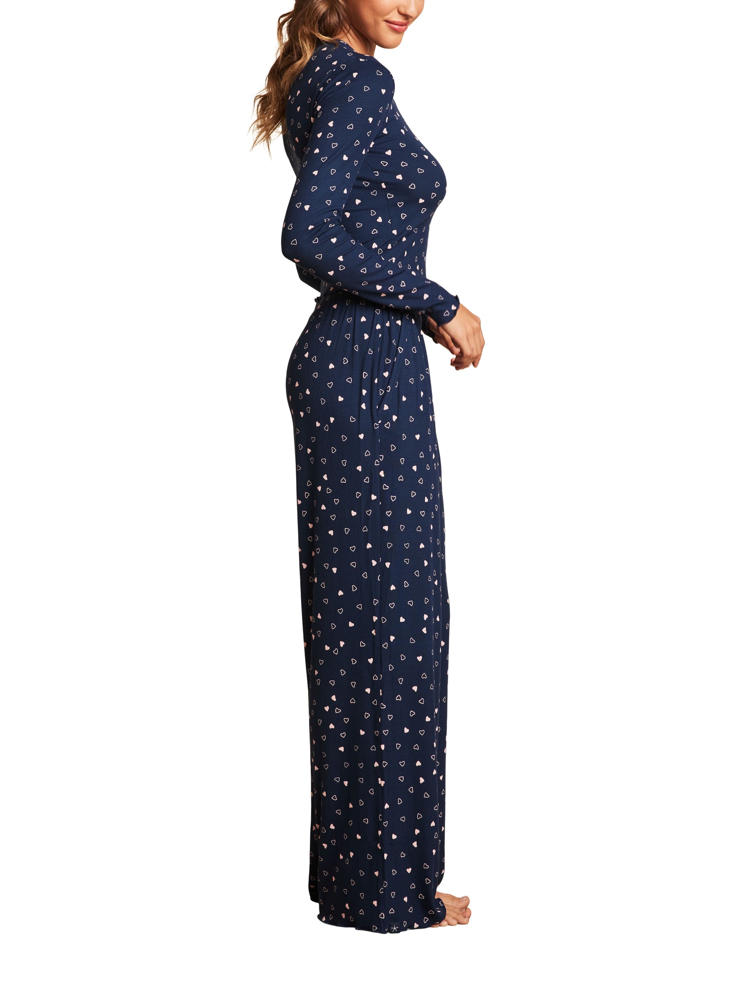 Womens | Ultra Soft Rib Lettuce Hem Wide Leg Pant | Marine/Pink Peonie