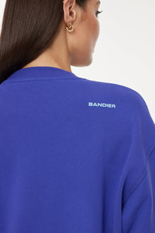 Model wears a royal blue crewneck sweatshirt with the lettering 