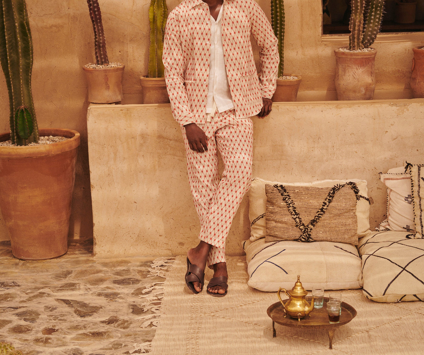 Barkley Cutaway Collar Lattice Embroidery Jacquard Resort Overshirt | Summer Red/White Sand