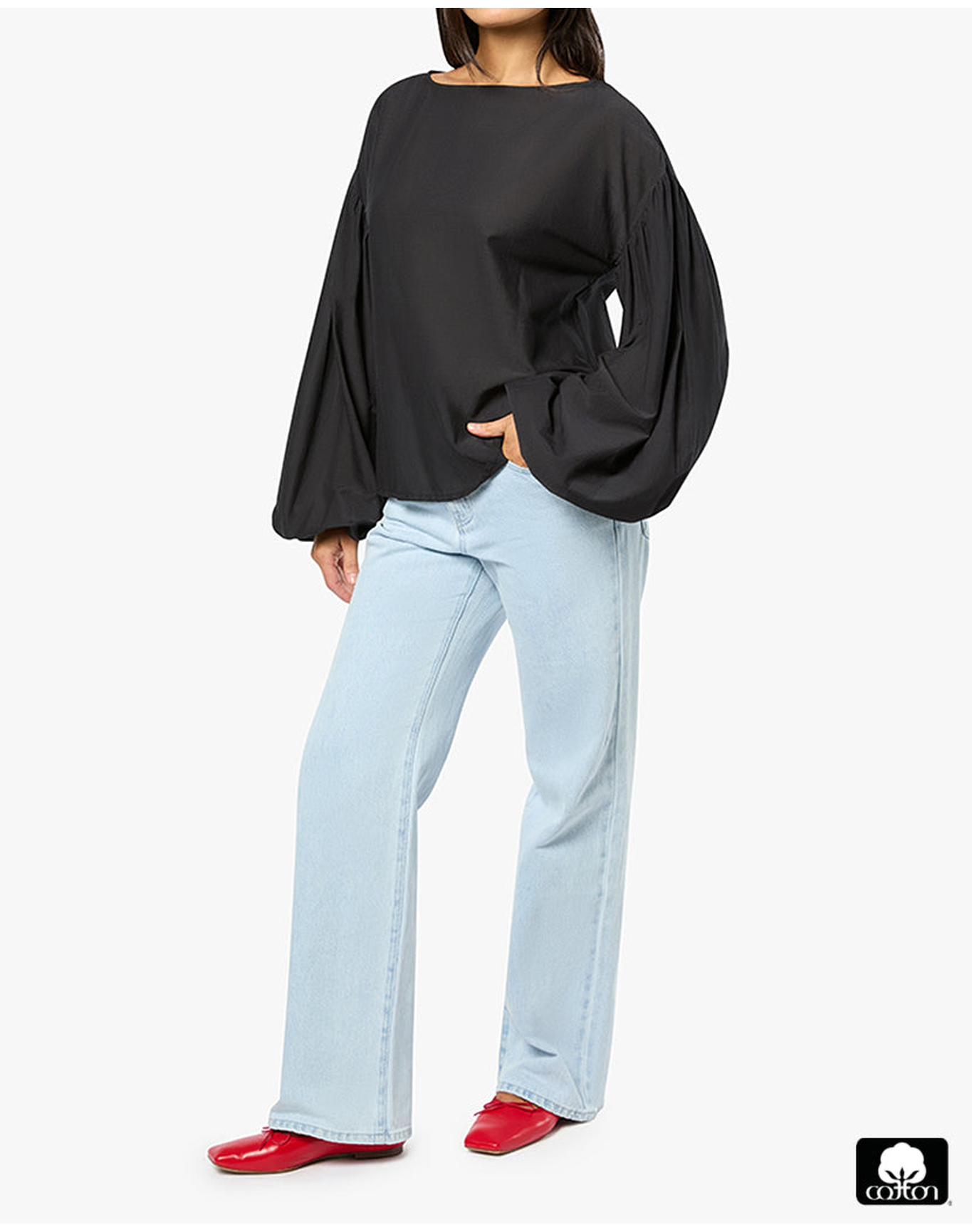 Billow Sleeve Boat Neck Top | Black