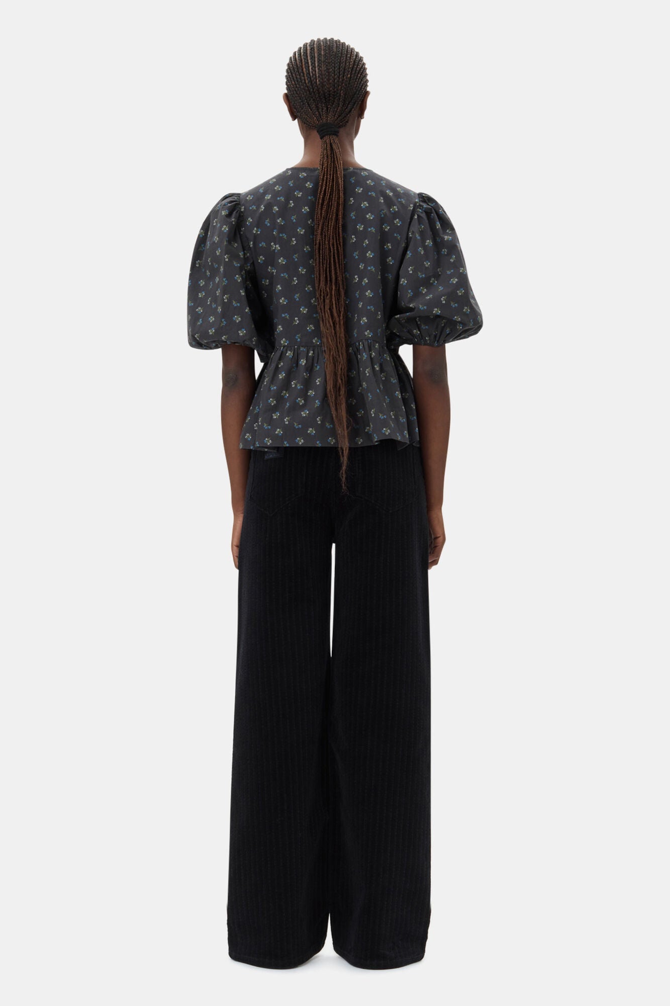 Black Printed Cotton Peplum Blouse | Phantom