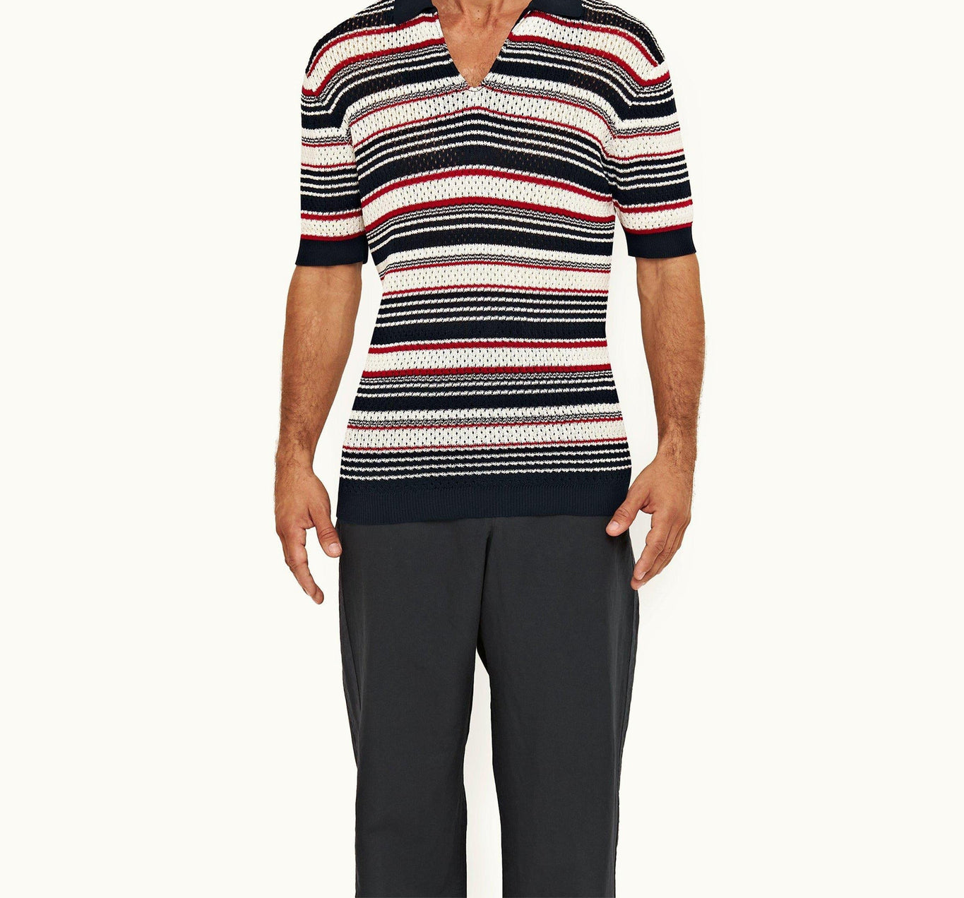 Bruno Stripe Crochet Stripe Mercerised Organic Cotton Polo Shirt | Matchstick/Night Iris