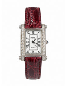 Burgundy Diamond Rectangular Watch | White