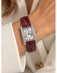 Burgundy Diamond Rectangular Watch | White