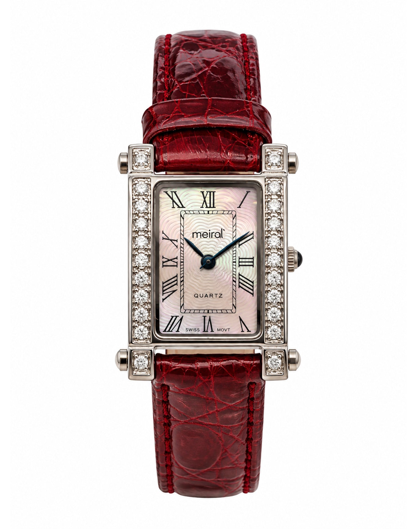 Burgundy Diamond Rectangular Watch Genuine Leather Band Vintage | Silver