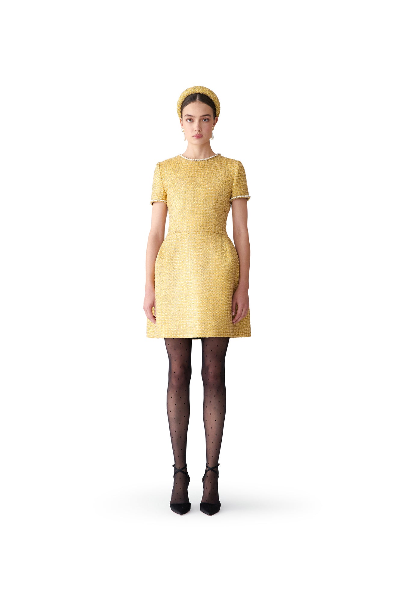 Embroidered Short Sleeve Crewneck Mini Dress | Gold