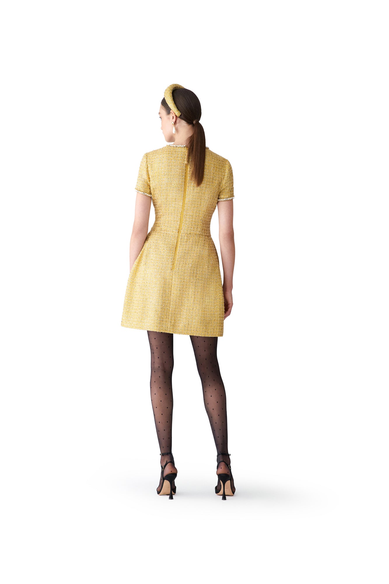 Embroidered Short Sleeve Crewneck Mini Dress | Gold