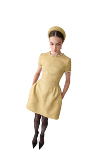 Embroidered Short Sleeve Crewneck Mini Dress | Gold