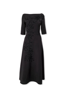 Embroidered Boat Neck Elbow Sleeve Midi Dress | Black