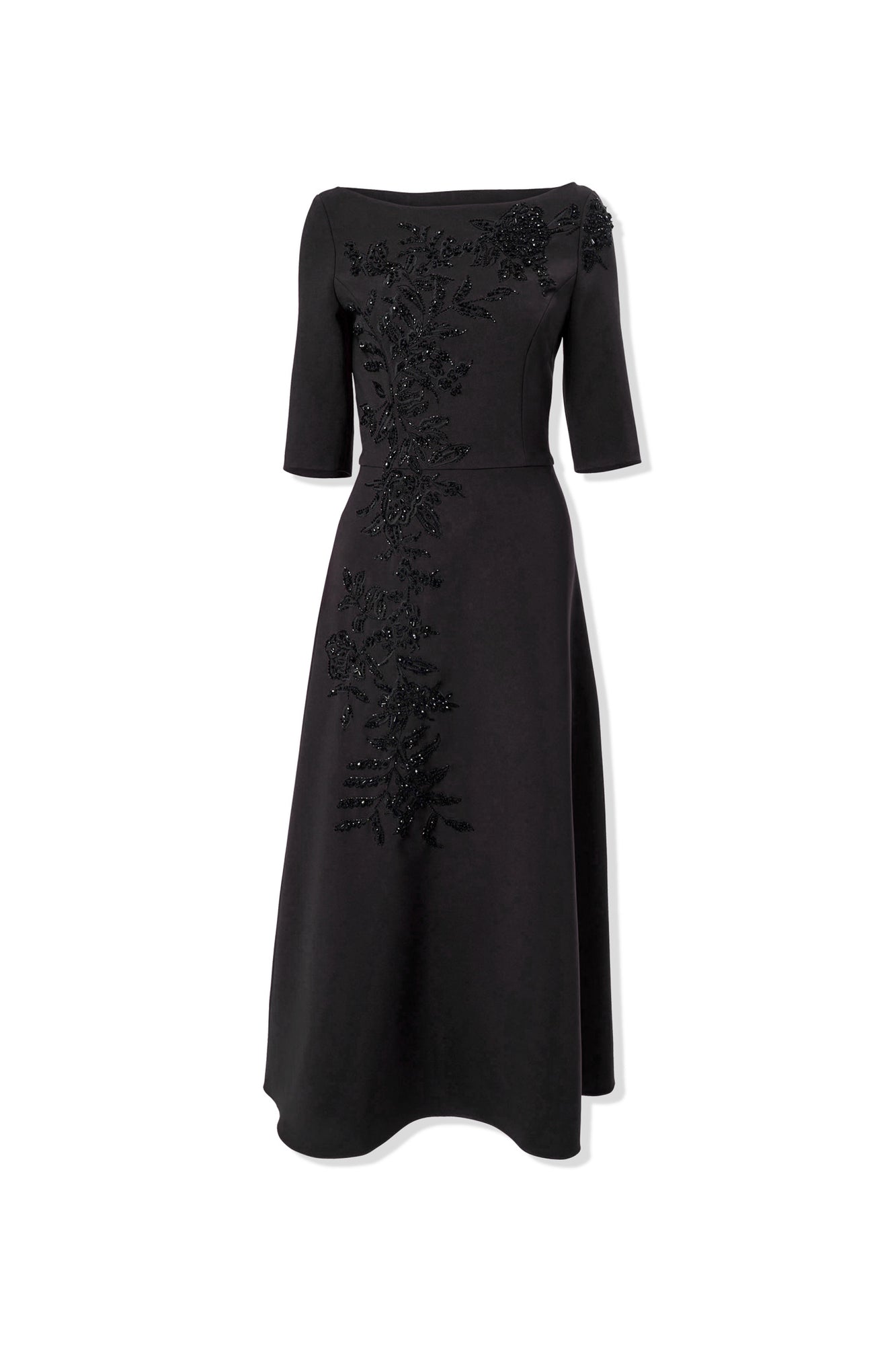 Embroidered Boat Neck Elbow Sleeve Midi Dress | Black