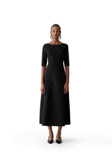 Embroidered Boat Neck Elbow Sleeve Midi Dress | Black