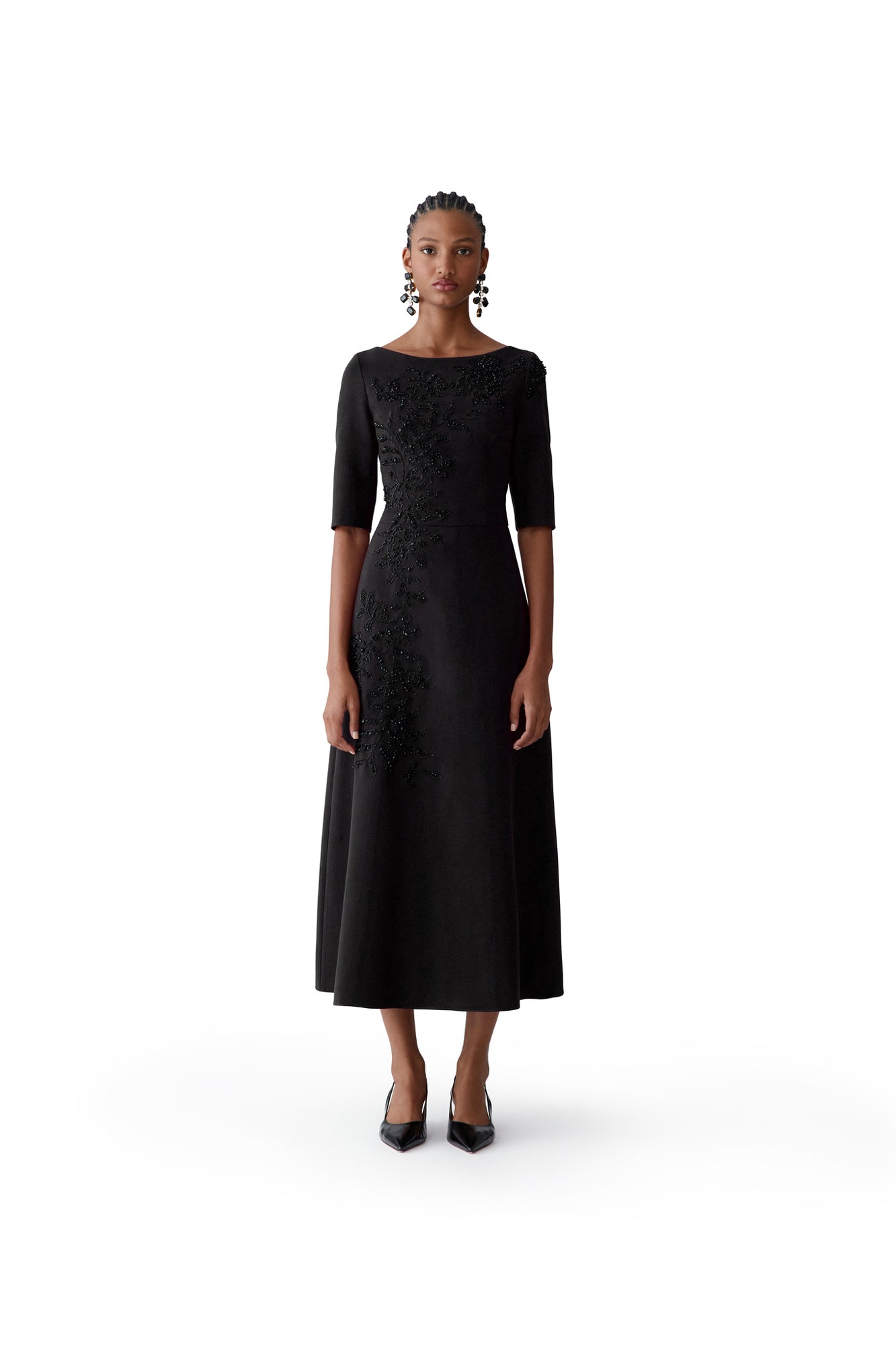 Embroidered Boat Neck Elbow Sleeve Midi Dress | Black