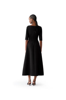 Embroidered Boat Neck Elbow Sleeve Midi Dress | Black