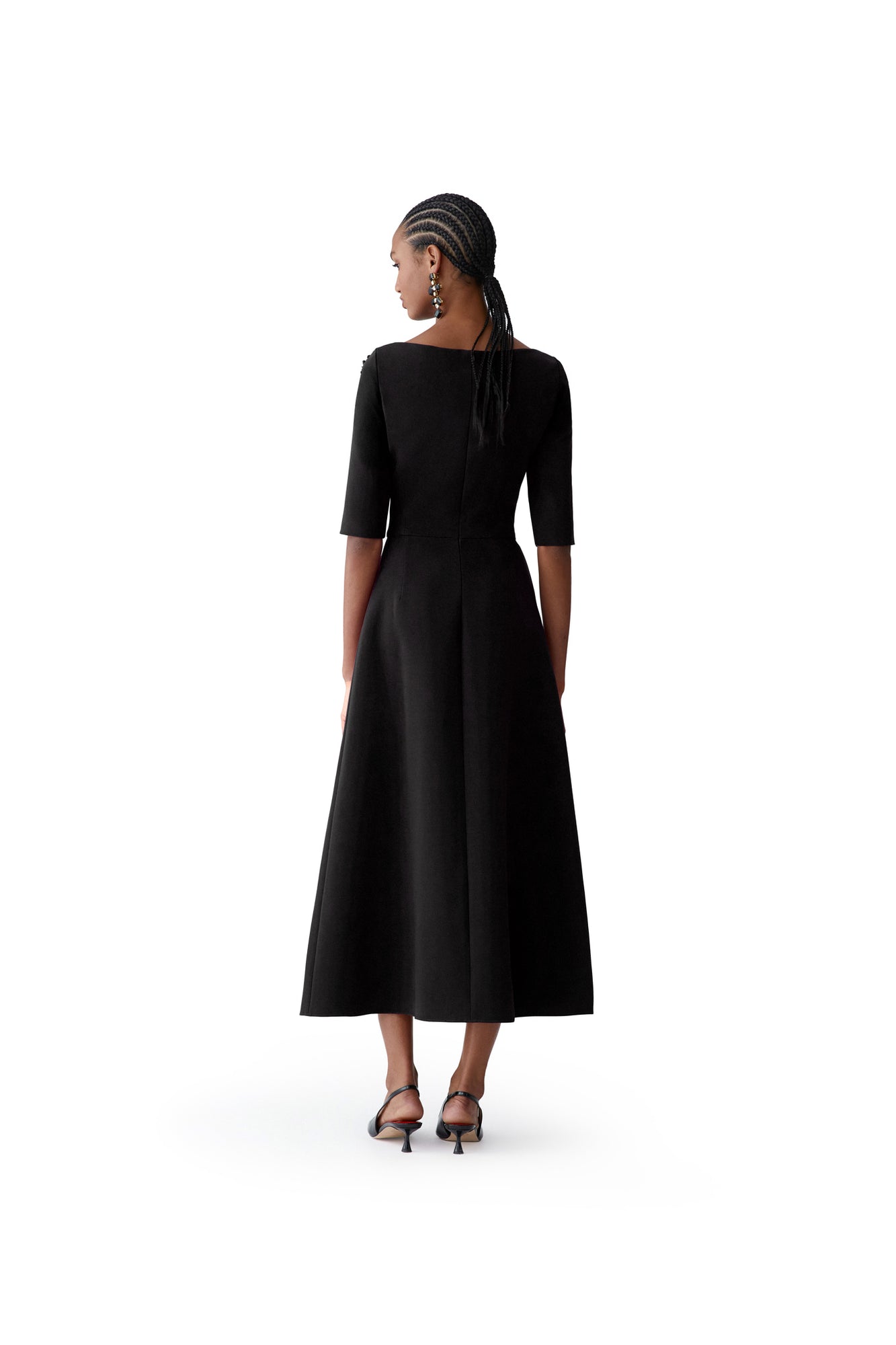 Embroidered Boat Neck Elbow Sleeve Midi Dress | Black