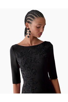 Embroidered Boat Neck Elbow Sleeve Midi Dress | Black