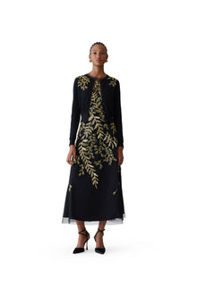 Embroidered Sleeveless Crewneck Midi Dress | Black/Gold
