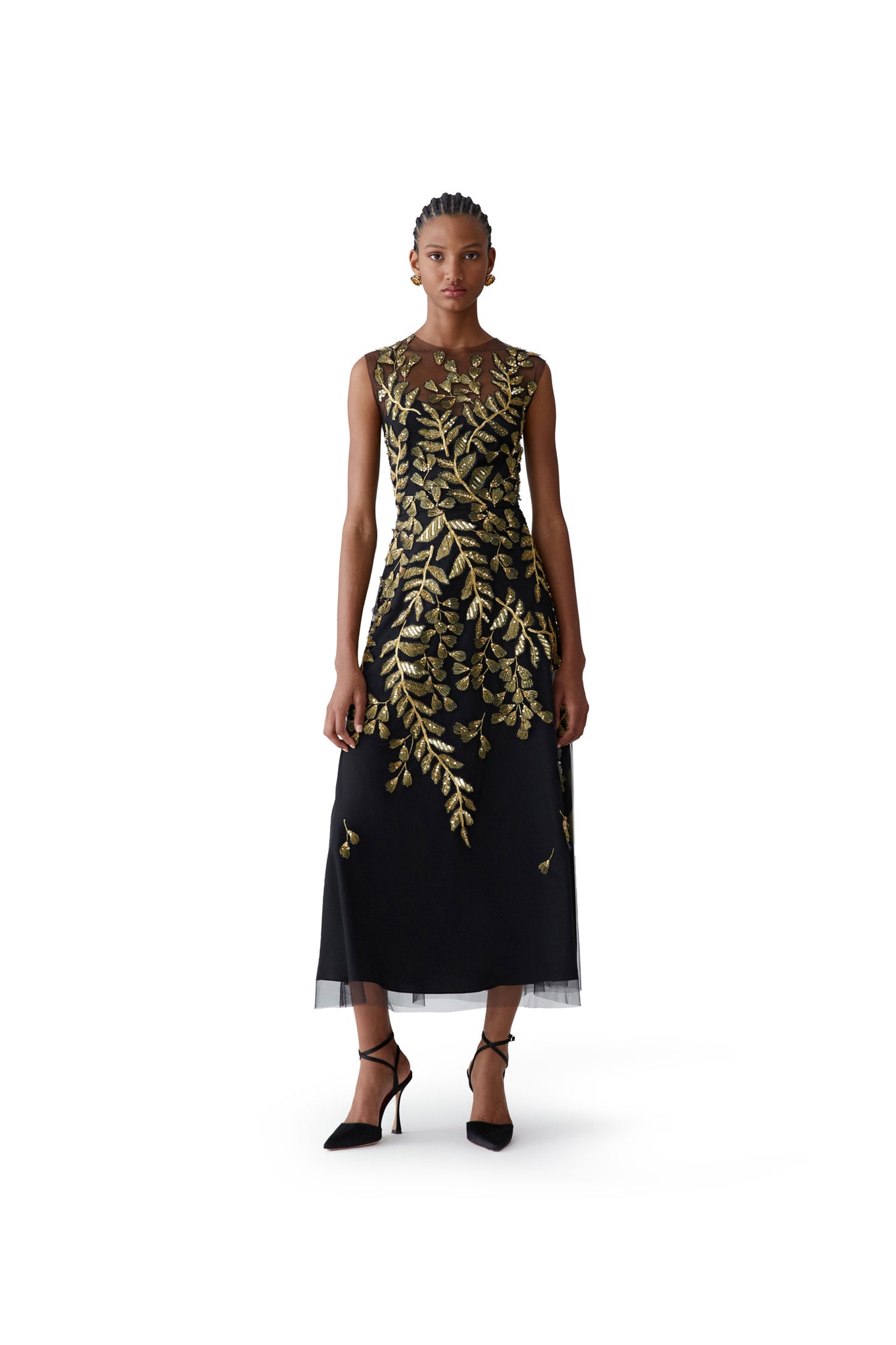 Embroidered Sleeveless Crewneck Midi Dress | Black/Gold