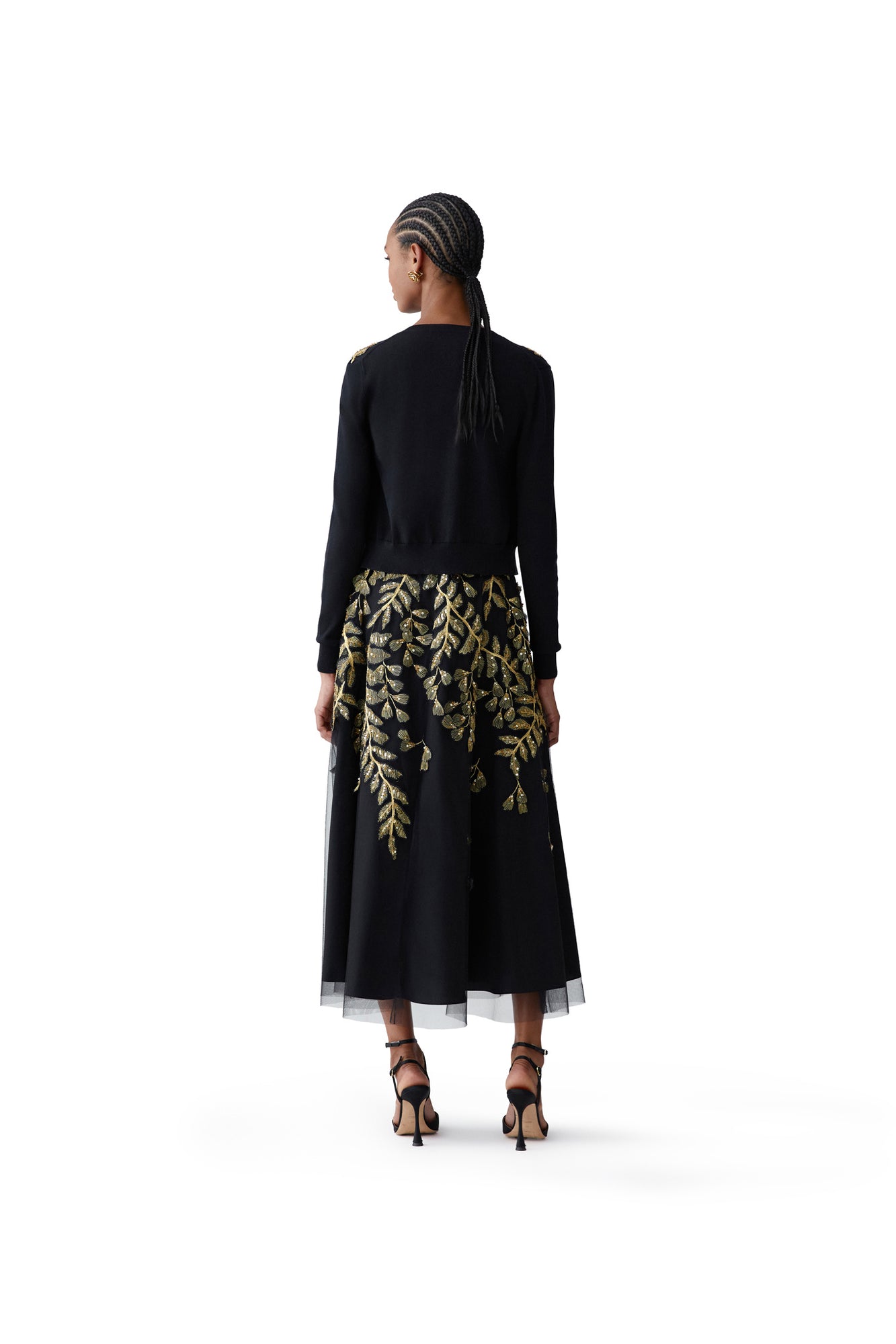 Embroidered Long Sleeve Crewneck Cardigan | Black/Gold