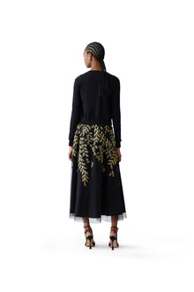 Embroidered Sleeveless Crewneck Midi Dress | Black/Gold