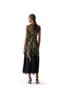 Embroidered Sleeveless Crewneck Midi Dress | Black/Gold
