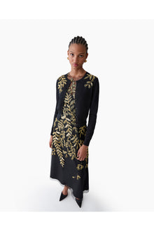 Embroidered Long Sleeve Crewneck Cardigan | Black/Gold