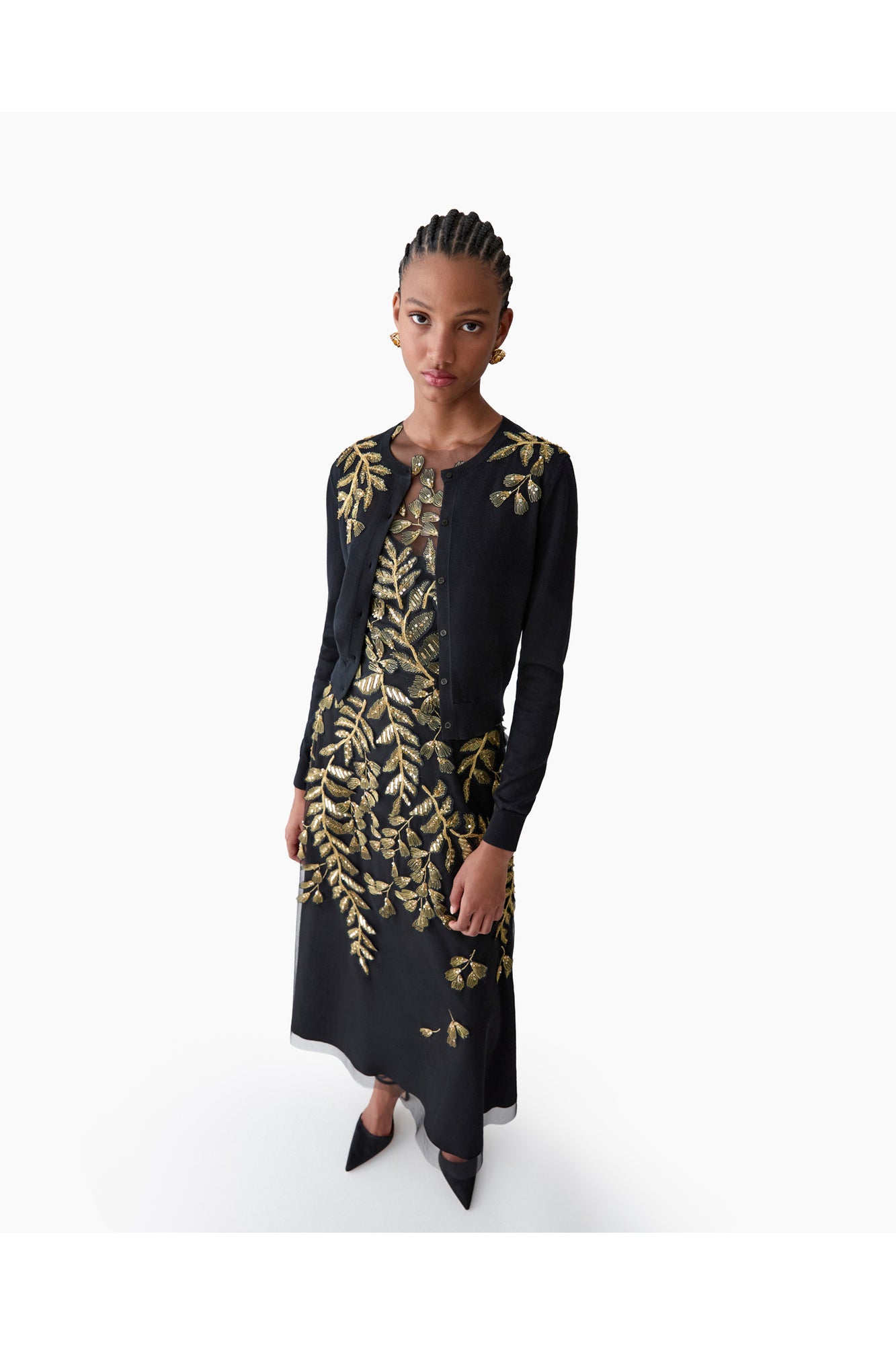 Embroidered Long Sleeve Crewneck Cardigan | Black/Gold