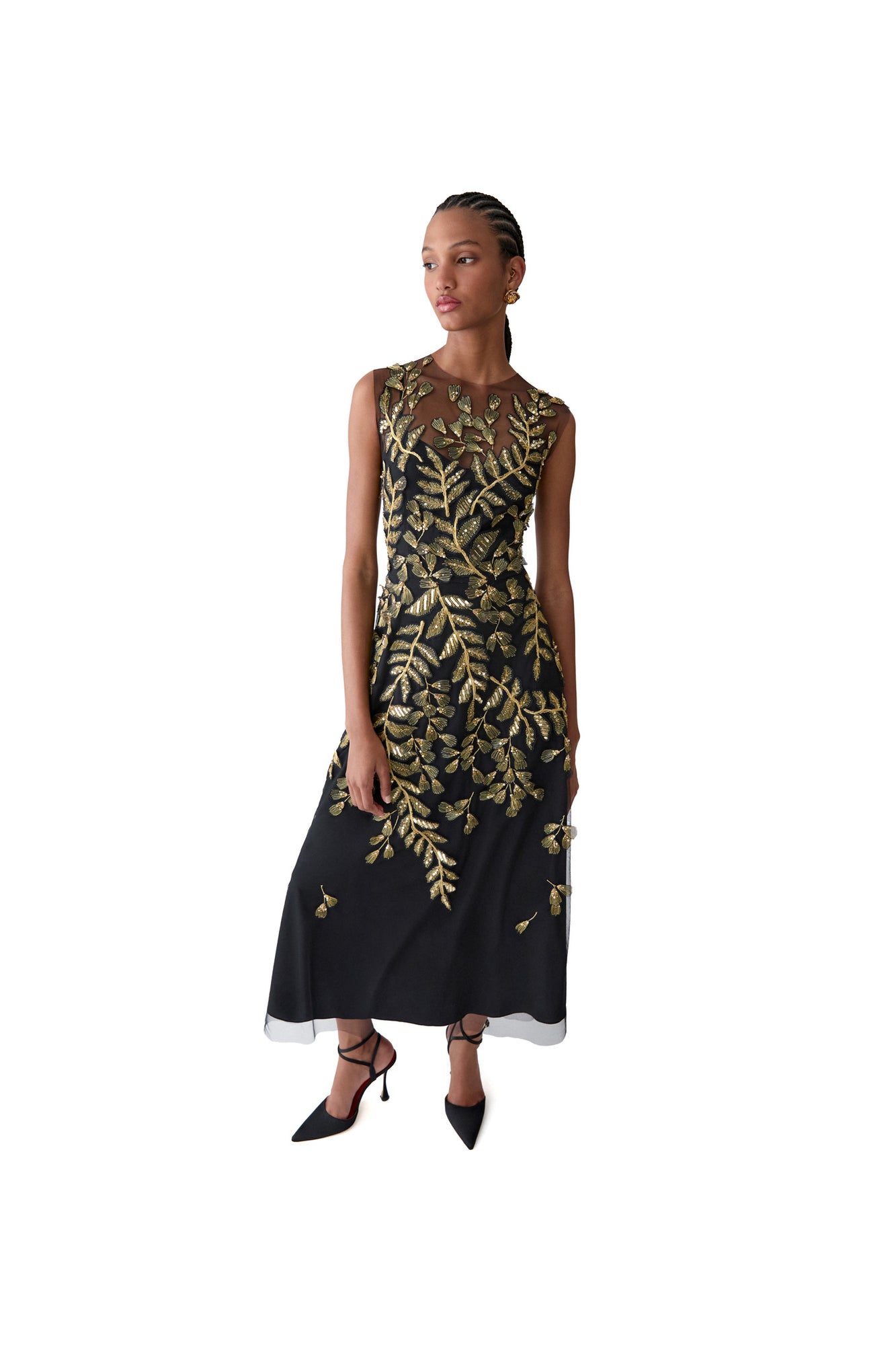 Embroidered Sleeveless Crewneck Midi Dress | Black/Gold