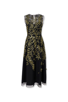 Embroidered Sleeveless Crewneck Midi Dress | Black/Gold