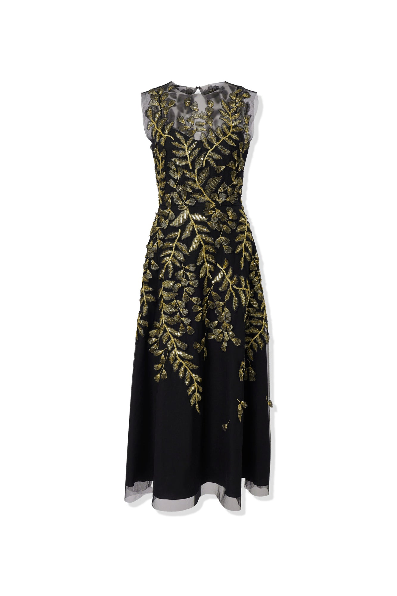 Embroidered Sleeveless Crewneck Midi Dress | Black/Gold