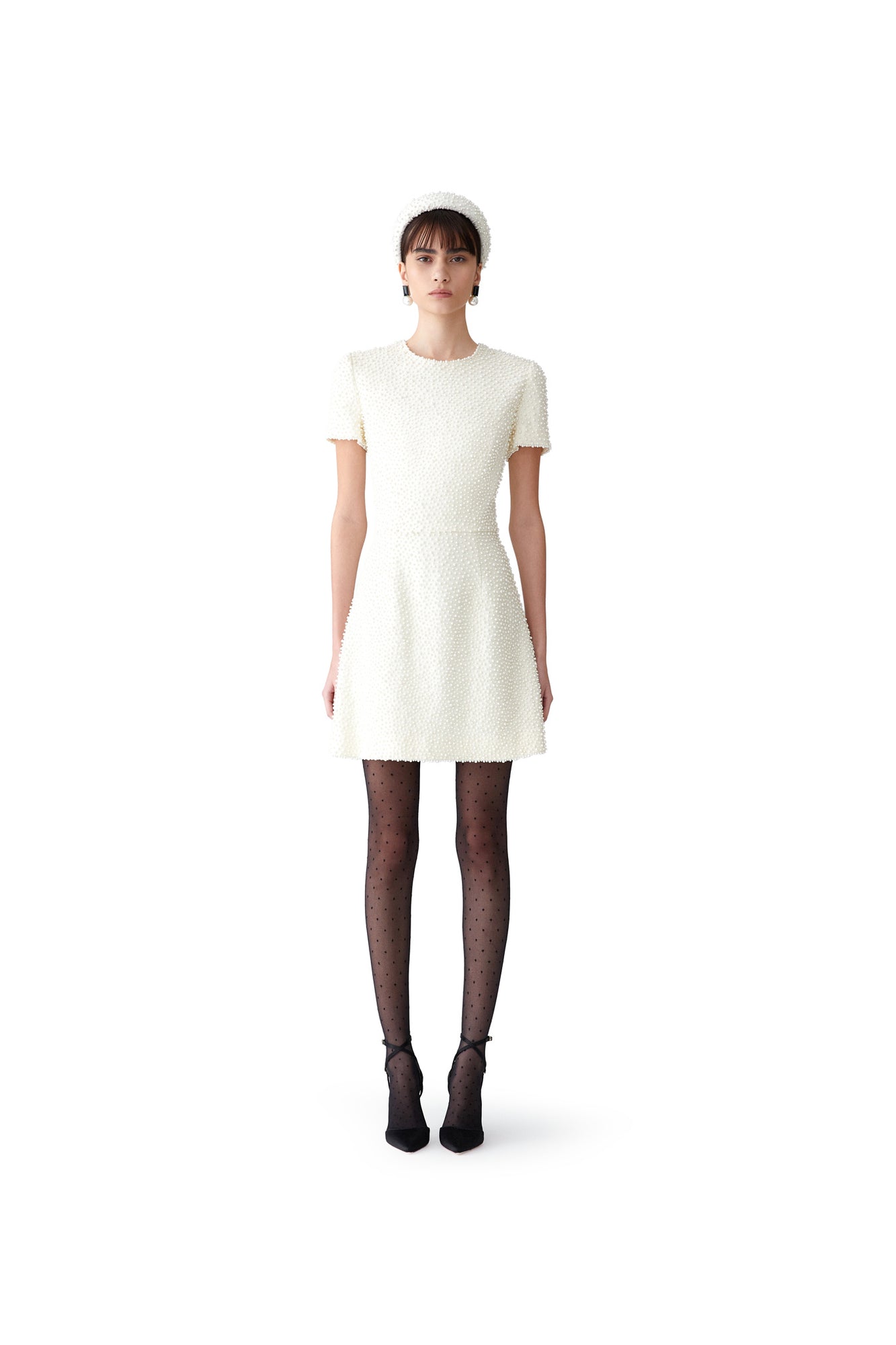 Embroidered Short Sleeve Crewneck Mini Dress | Ivory