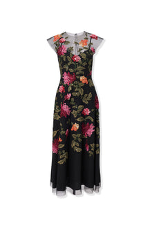 Embroidered Cap Sleeve Crewneck Midi Dress | Black Multi