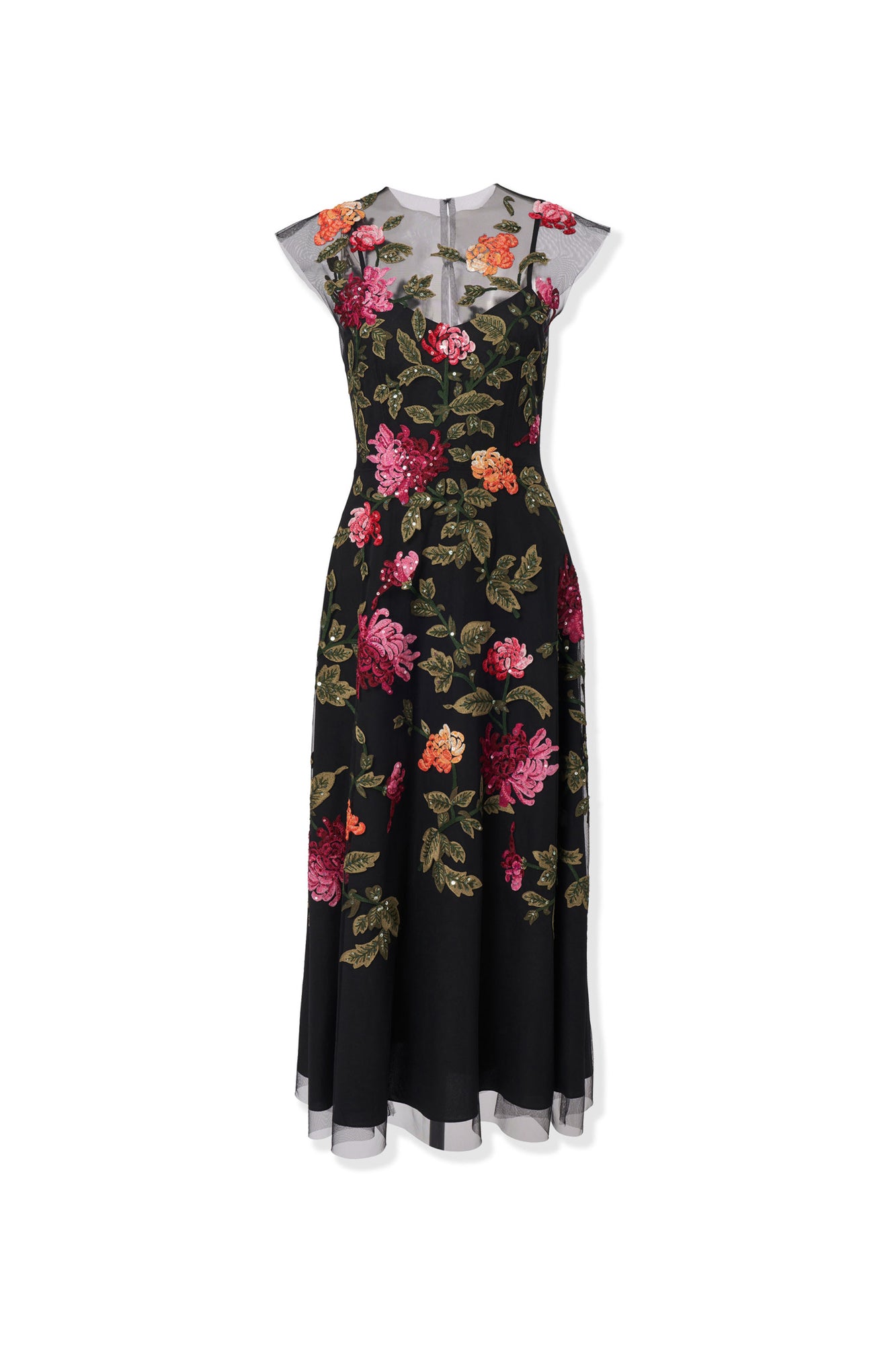 Embroidered Cap Sleeve Crewneck Midi Dress | Black Multi