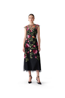Embroidered Cap Sleeve Crewneck Midi Dress | Black Multi