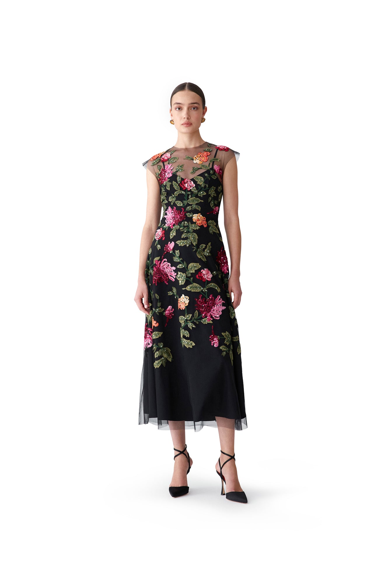 Embroidered Cap Sleeve Crewneck Midi Dress | Black Multi