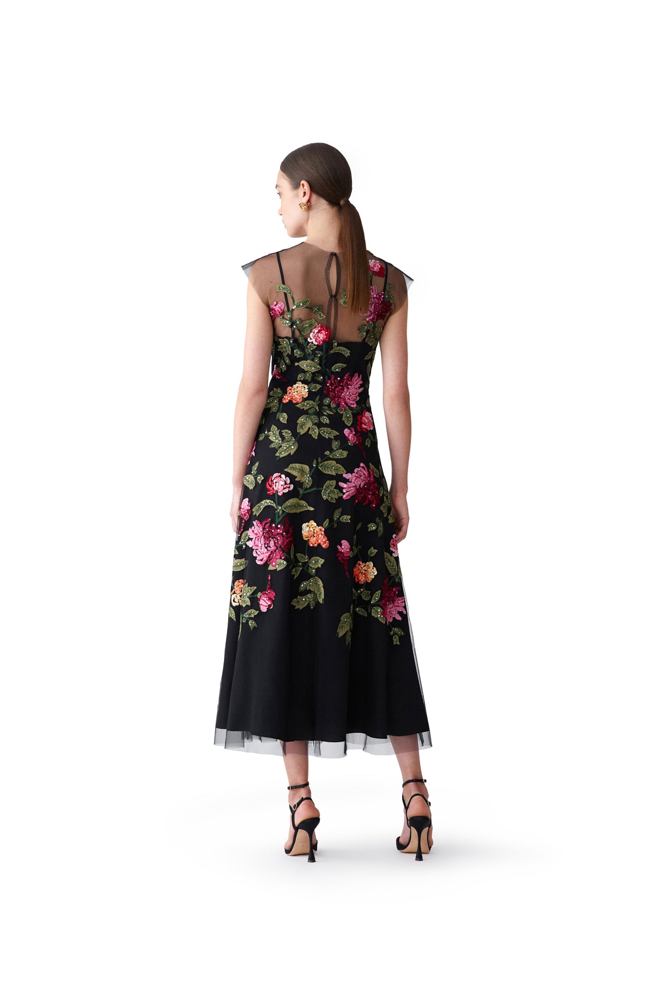 Embroidered Cap Sleeve Crewneck Midi Dress | Black Multi