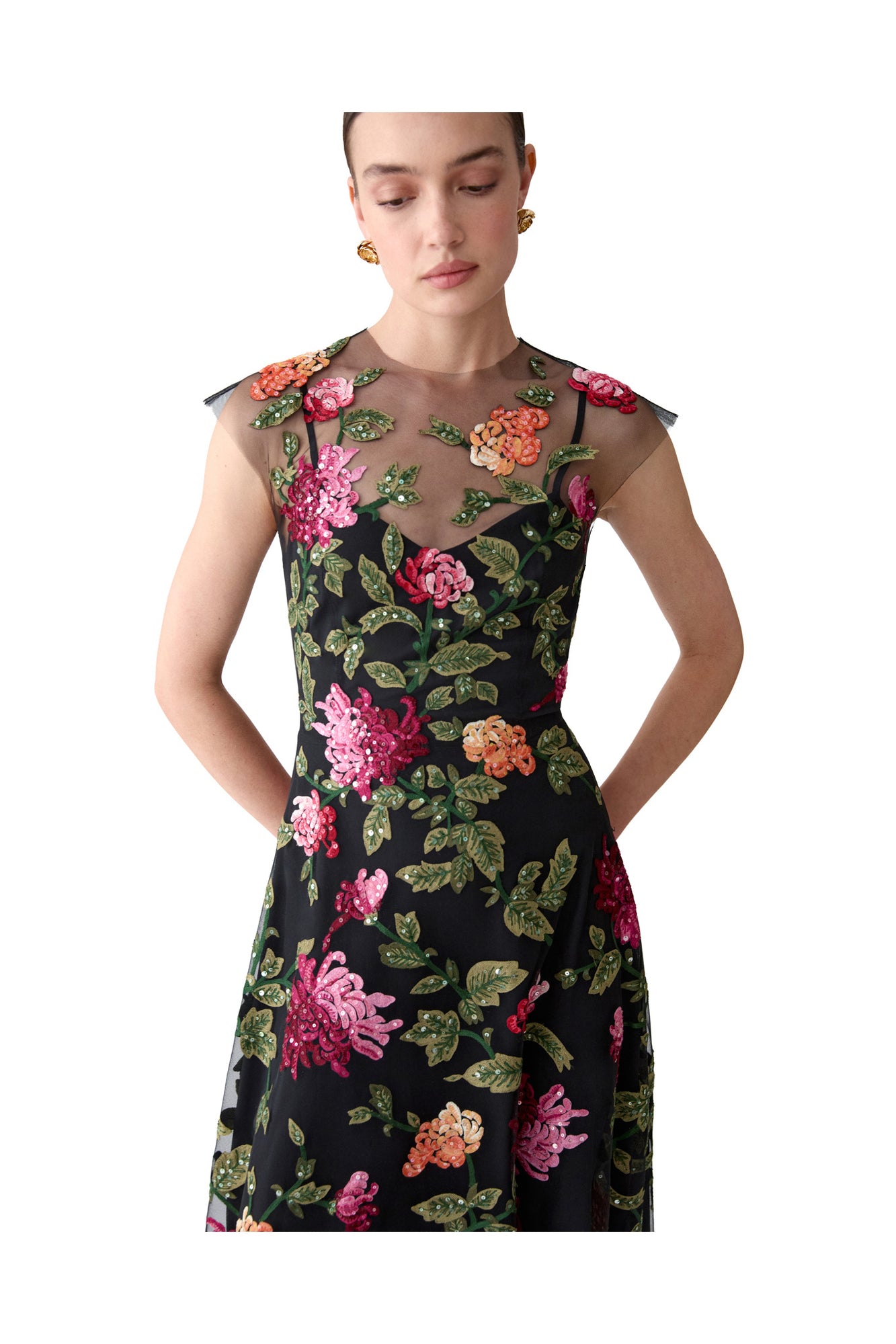 Embroidered Cap Sleeve Crewneck Midi Dress | Black Multi