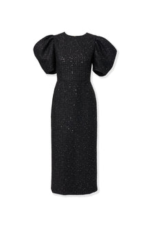 Puff Sleeve Crewneck Midi Dress | Black