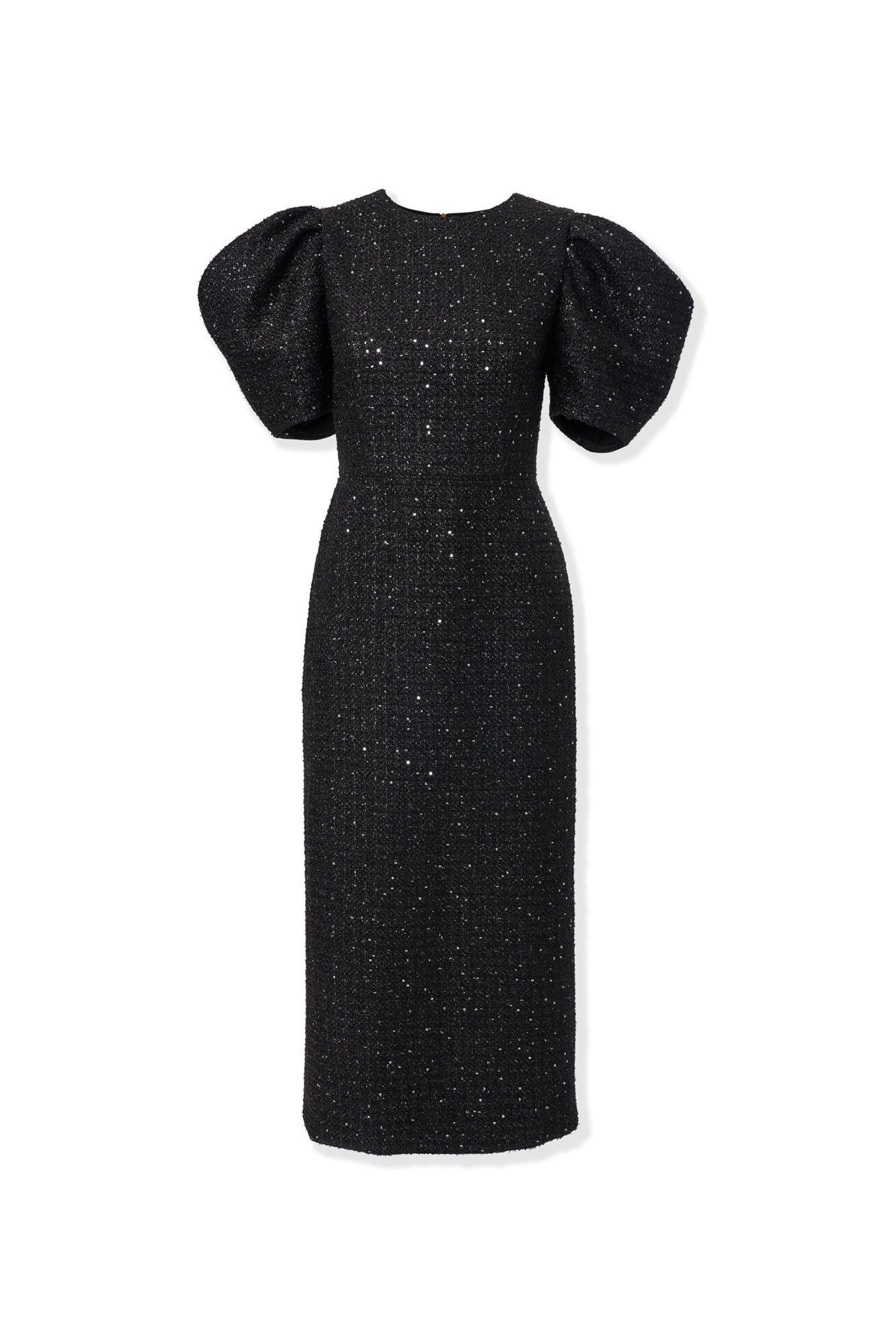 Puff Sleeve Crewneck Midi Dress | Black